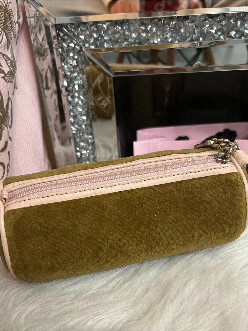 Y2K Vintage 2004 Juicy Couture Olive Green Velour Pink Leather Barrel Bag